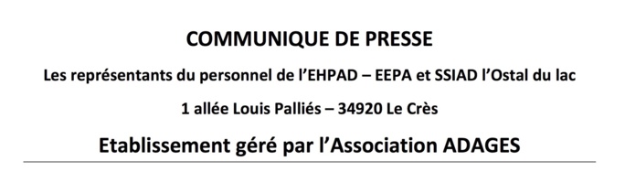 Oubliés du Ségur : communiqué des représentants du personnel de l'EHPAD - EEPA et SSIAD L'Ostal du Lac