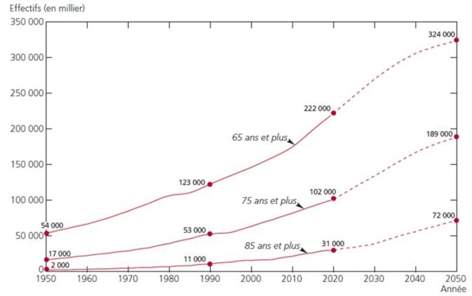 Figure 1 - Évolution du nombre de personnes de 65 ans et plus, 75 ans et plus et 85 ans et plus de 1950 à 2050 dans les 40 pays développés. ©Ined