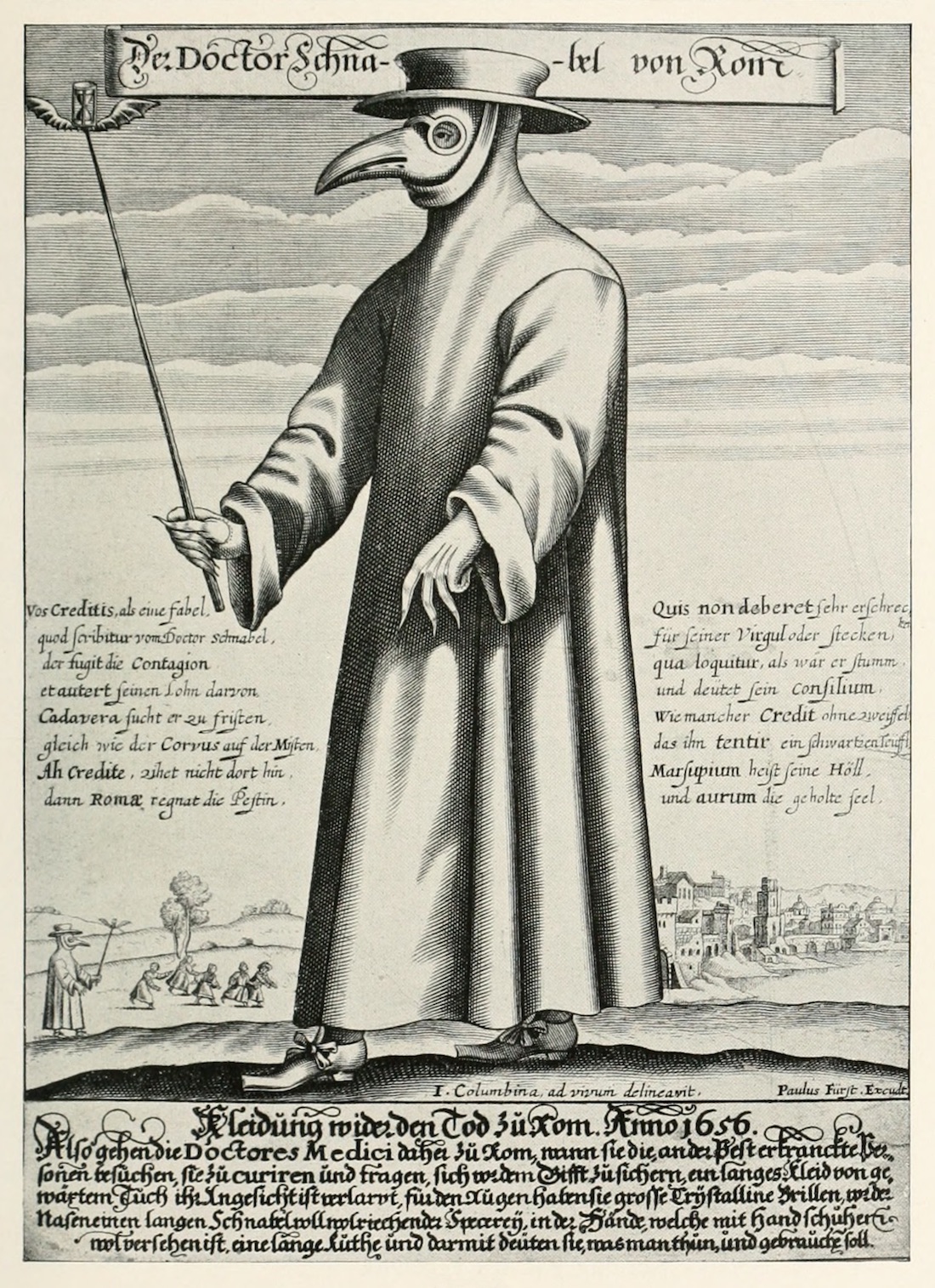Médecin durant une épidémie de peste à Rome  au XVIIème siècle (gravure de Paul Fürst, 1656).