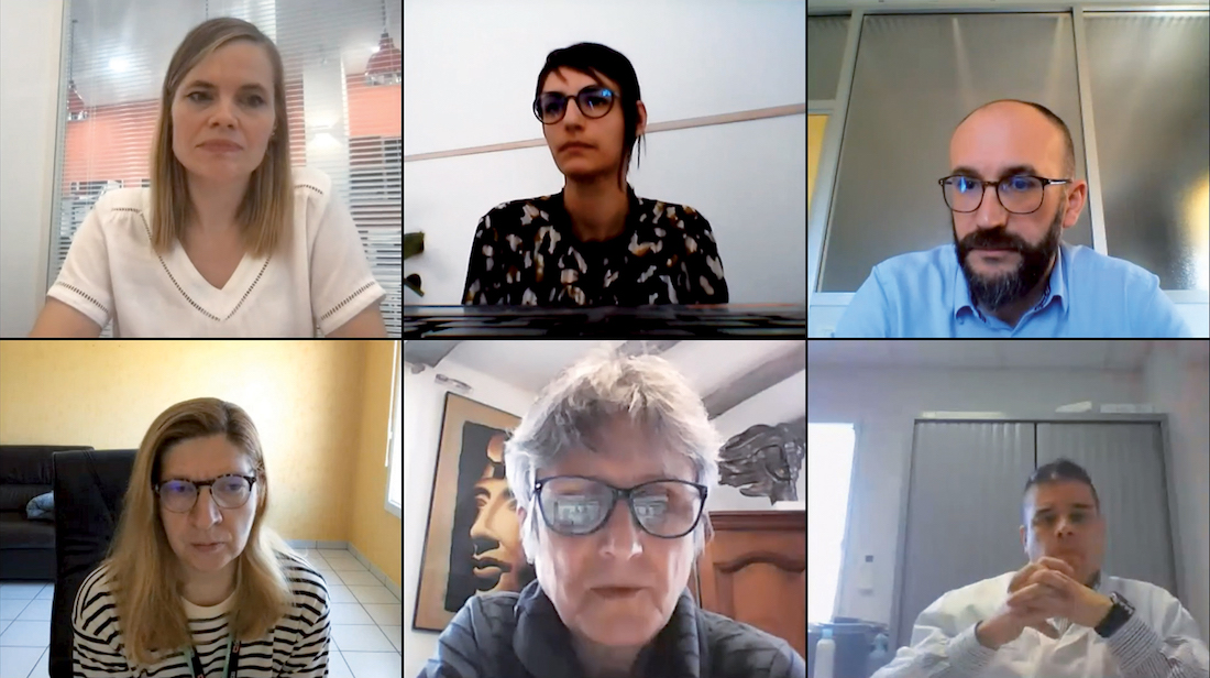 De gauche à droite et de haut en bas : Anaïs Guilbaud (Ehpadia, animatrice), Charlène Béal-Fernandez (Lactips), Patrick Dorcy (groupe Barbier), Agnès Souvignet (MRL BIH Loire Sud), Catherine Diallo (CHU de Reims) et Marc Drezen (GCS Blanchisserie Toulousaine de Santé). ©Capture d'écran De gauche à droite et de haut en bas : Anaïs Guilbaud (Ehpadia, animatrice), Charlène Béal-Fernandez (Lactips), Patrick Dorcy (groupe Barbier), Agnès Souvignet (MRL BIH Loire Sud), Catherine Diallo (CHU de Reims) et Marc Drezen (GCS Blanchisserie Toulousaine de Santé). ©Capture d'écran