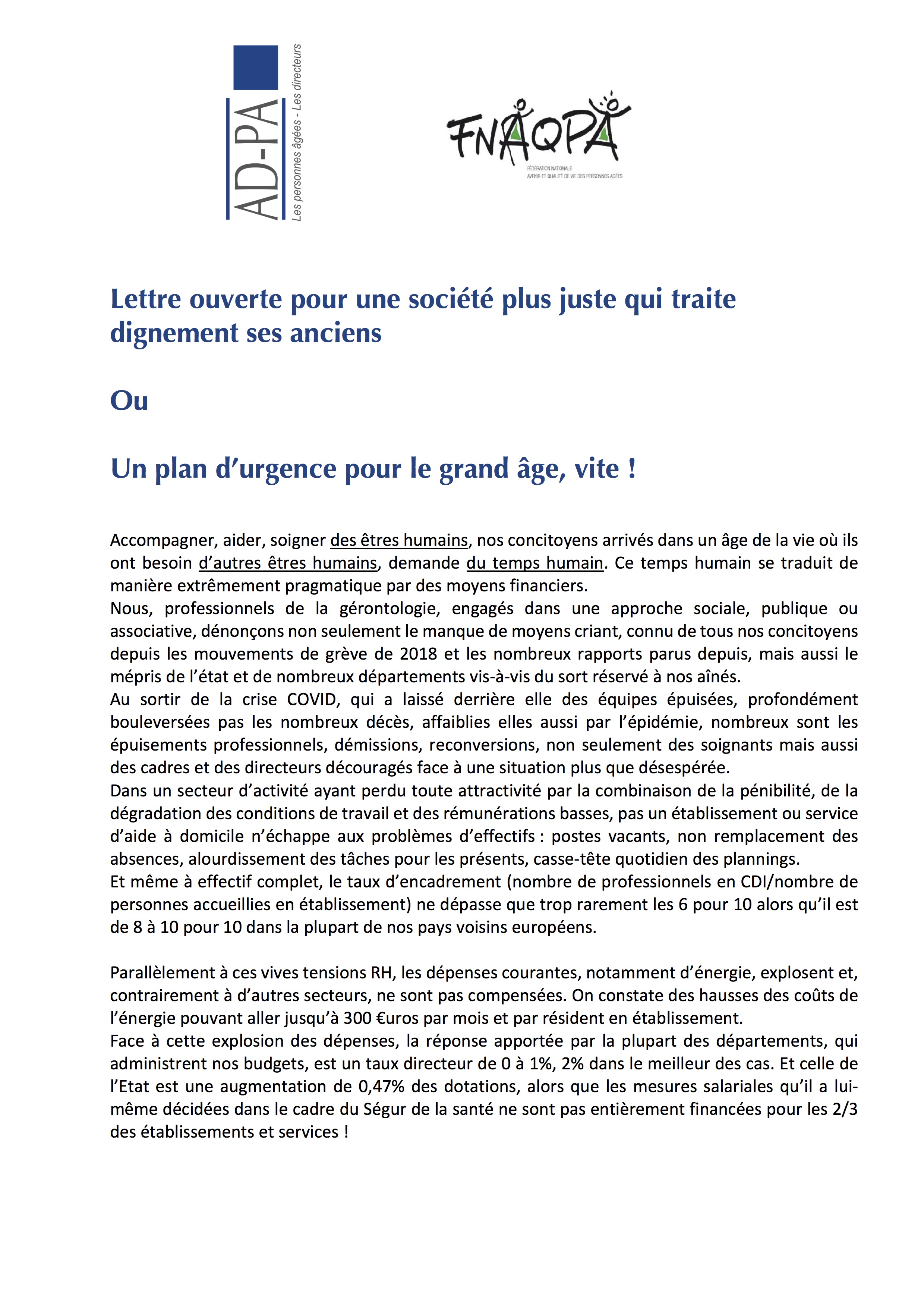 L’AD-PA et la FNAQPA appellent à un « plan d’urgence »