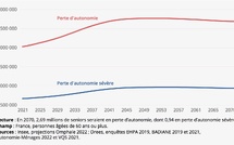 Graphique - Seniors en perte d'autonomie et en perte d'autonomie sévère entre 2021 et 2070 selon une trajectoire médiane. ©INSEE